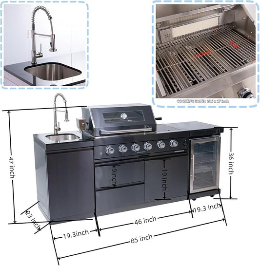 104" Modular Outdoor Kitchen Island With Grill And Side Burner, 4-burner 72,000 Btu Propane Bbq Island, Refrigerator, Separate Sink & Prep Station, For Backyard LP-Black 72000BTU/85 Inch