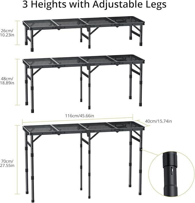 Anbte 4-Fold Grill Table, 3 Adjustable Height Max 27.5", 46" X 16", Black | Aluminum, Heat-Resistant Mesh Tabletop, Portable Handle, Waterproof Grill Side Table , for Outdoor Cooking Patio BBQ Picnic