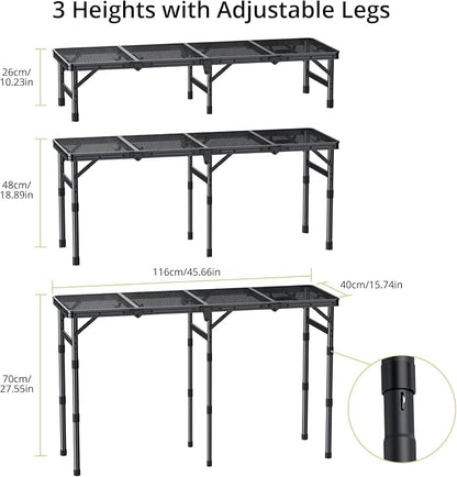 Anbte 4-Fold Grill Table, 3 Adjustable Height Max 27.5", 46" X 16", Black | Aluminum, Heat-Resistant Mesh Tabletop, Portable Handle, Waterproof Grill Side Table , for Outdoor Cooking Patio BBQ Picnic