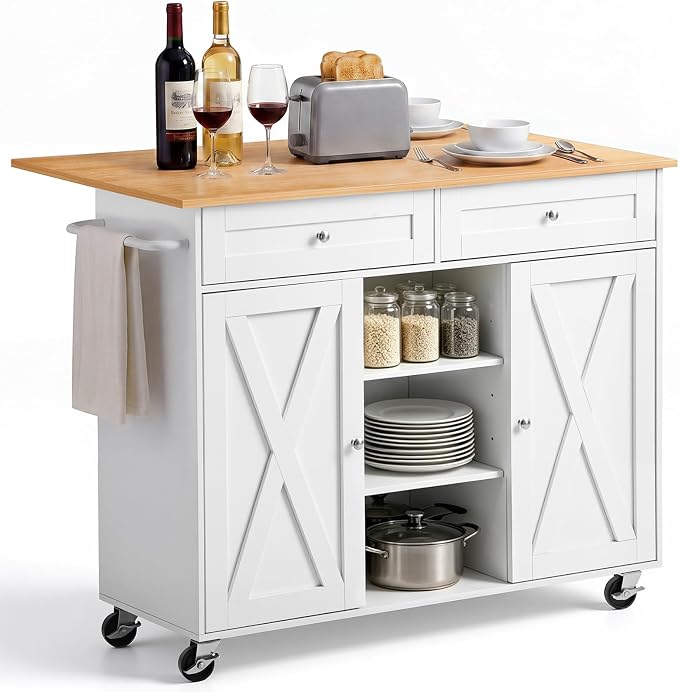 VEVOR Kitchen Island Cart with Storage, 45.67 in Wide Mobile Rolling Storage Island on Swivel Wheels, with 2 Drawers, Storage Cabinet, Drop Leaf, Towel Rack, Table for Home Dining Room, White