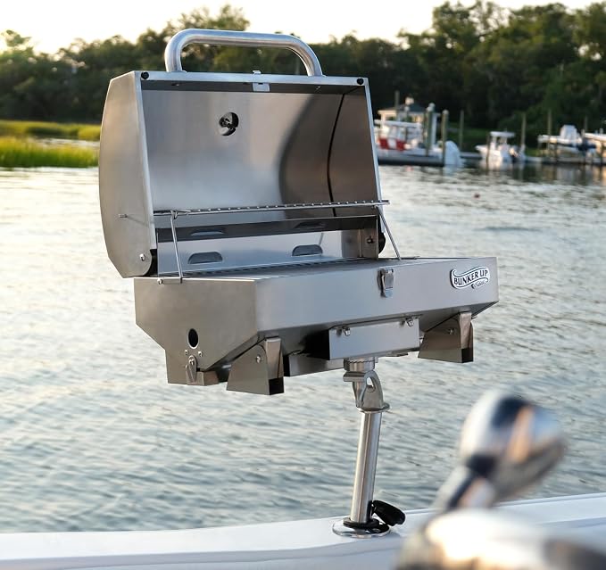 Bunker Up Fishin Stainless Steel Boat Grill with Rod Holder Mount - Great for Boating and Camping - Portable Tabletop BBQ Grill, 12000 BTU Burner, 277 sq.in Grilling Space and 87 sq.in Warming Rack