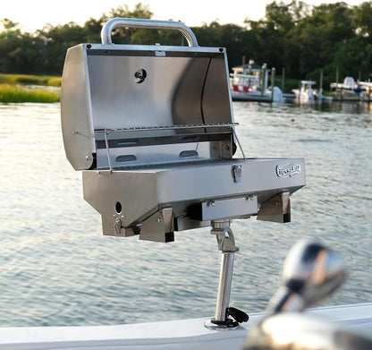Bunker Up Fishin Stainless Steel Boat Grill with Rod Holder Mount - Great for Boating and Camping - Portable Tabletop BBQ Grill, 12000 BTU Burner, 277 sq.in Grilling Space and 87 sq.in Warming Rack