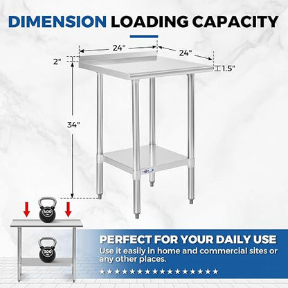 Profeeshaw Stainless Steel Prep Table 24''x24'' Workbench with Backsplash | NSF Commercial Metal Work Table, with Undershelf, Heavy Duty Table, for Kitchen, Restaurant, Home, Gargae and Hotel, 18-gauge