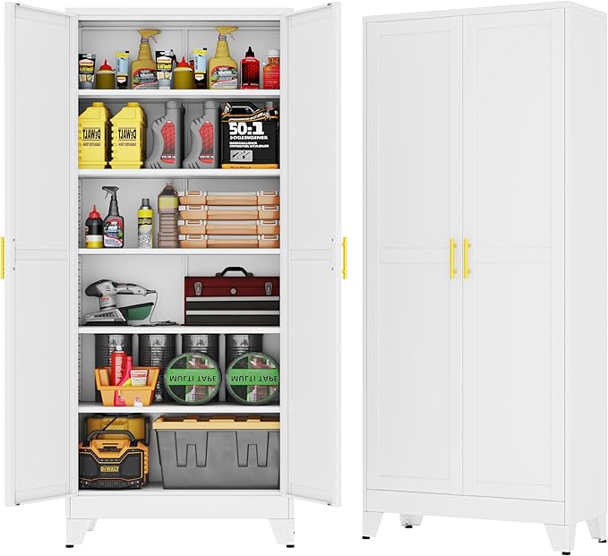 GAIOUS 75''Tall Metal Garage Storage Cabinet,File Cabinet with Door and Adjustable Shelves, Outdoor Steel Tool Cabinet for Home,Office,Warehouse,Garage,White