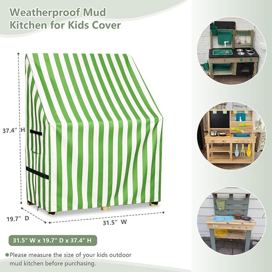 Kids Outdoor Mud Kitchen Cover,Heavy Duty Waterproof & Anti-UV Dustproof Outdoor Wooden Play Kitchen Covers,31.5" W x 19.7" D x 37.4" H,Cover Only(Green)