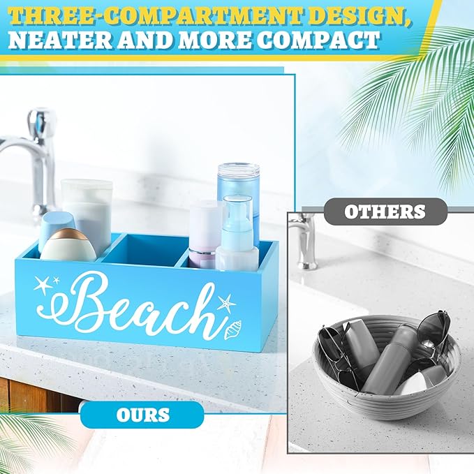 CroBlissful Beach Storage Basket Blue Summer Beach Wooden Box with 3 Compartments Toilet Tank Tray for Indoor Outdoor Swimming Pool Decor Sunblock Sunglasses Pool Toy Storage Box