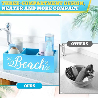 CroBlissful Beach Storage Basket Blue Summer Beach Wooden Box with 3 Compartments Toilet Tank Tray for Indoor Outdoor Swimming Pool Decor Sunblock Sunglasses Pool Toy Storage Box