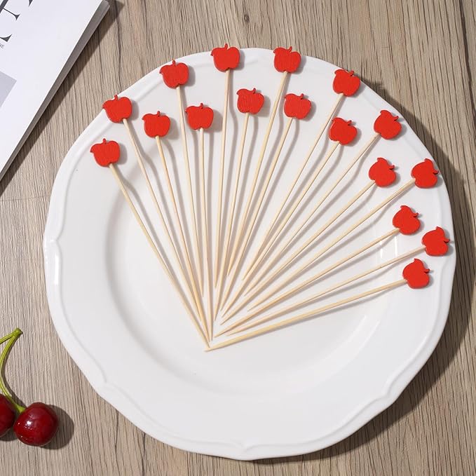 Minisland Red Apple Cocktail Picks, 5 Inch Long Bamboo Fancy Toothpicks for Appetizers, Decorative Fall Halloween Thanksgiving Holiday Party Food Drinks Garnish Fruit Skewer Sticks 100 Counts -MSL422
