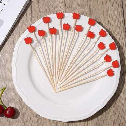 Minisland Red Apple Cocktail Picks, 5 Inch Long Bamboo Fancy Toothpicks for Appetizers, Decorative Fall Halloween Thanksgiving Holiday Party Food Drinks Garnish Fruit Skewer Sticks 100 Counts -MSL422