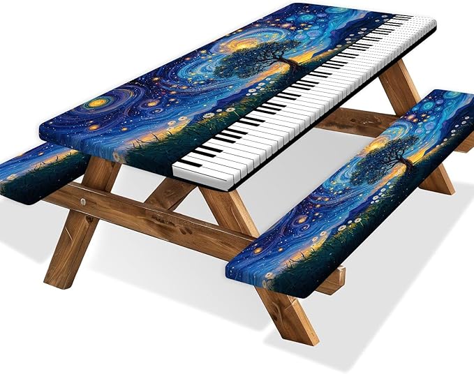 Piano Keyboard Picnic Table Cover with Bench Covers, Camping Essentials, Whirlpool Star Tree Flower Waterproof Windproof, Fitted Tablecloth Cover with Elastic Edge for Outdoor Garden 3 PCS 30x60 Inch