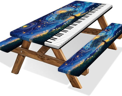Piano Keyboard Picnic Table Cover with Bench Covers, Camping Essentials, Whirlpool Star Tree Flower Waterproof Windproof, Fitted Tablecloth Cover with Elastic Edge for Outdoor Garden 3 PCS 30x96 Inch