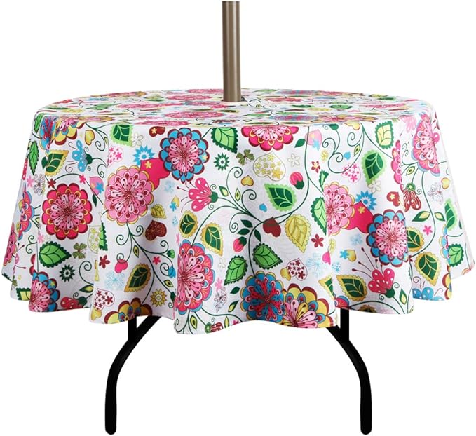 EHouseHome Outdoor and Indoor 60inch Round Tablecloth with Umbrella Hole and Zipper, Waterproof Zippered Patio Cloths, Spring/Summer Table Covers for Backyard Circular Table/BBQs/Picnic