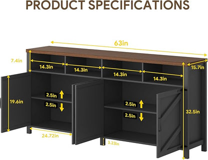 knoworld 63'' Buffet Sideboard with Storage Farmhouse with 4 Doors, Large Kitchen Storage Cabinet Wood Coffee Bar Cabinet Buffet Table with Shelves for Kitchen, Dining Room, Entryway