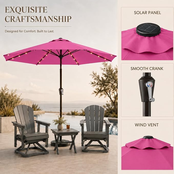 11FT Solar Lighted Patio Umbrella, Outdoor Table Market Umbrellas with Crank Lift, 32 LED Lights, 8 Sturdy Ribs, UV-Resistant for Deck, Garden, Pool