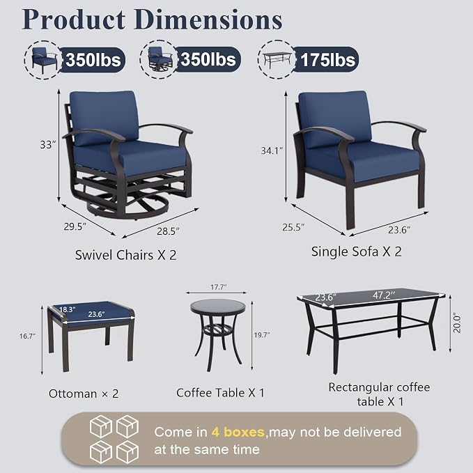 ALAULM Aluminum Patio Furniture Set with Coffee Table Rectangular, 6-seat Outdoor Sectional Furniture w/Swivel Chairs and 2 Ottomans, Patio Conversation Set for Porch, Backyard, Poolside-Dark Blue