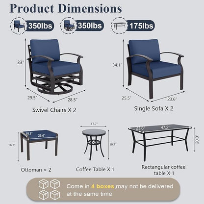 ALAULM Aluminum Patio Furniture Set with Coffee Table Rectangular, 6-seat Outdoor Sectional Furniture w/Swivel Chairs and 2 Ottomans, Patio Conversation Set for Porch, Backyard, Poolside-Dark Blue