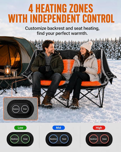 HOPERAN Heated Double Camping Chair, 660lbs 3 Heat Levels Camping Loveseat | 4 Heating Zones, 58" Seat, Padded Camp Couch, 600D Fabric, Cup & Wine Glass Holder, Side & Rear Pocket, Campfire Lawn Patio