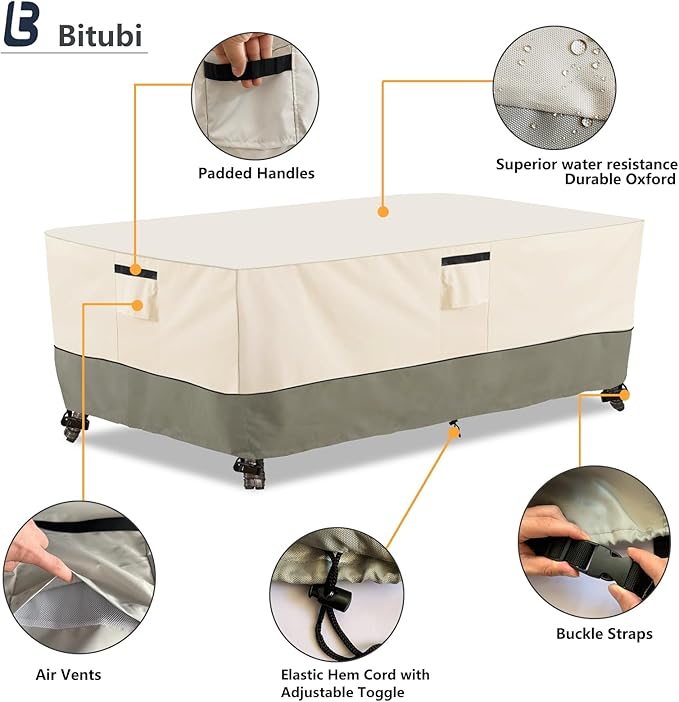 Bitubi 72 Inch Rectangular/Oval Patio Table Cover,Heavy Duty Waterproof Outdoor Table Cover Winter, Patio Furniture Covers, Beige