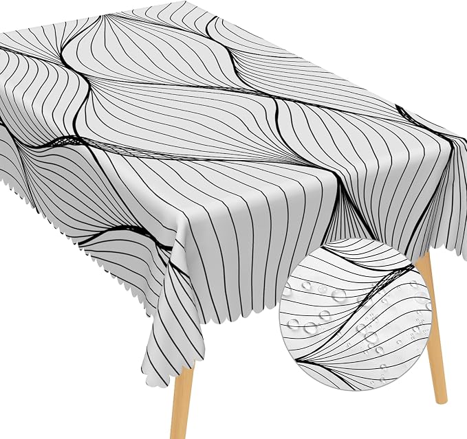 Black White Striped Tablecloth Waterproof Abstract Modern Wave Stripes Washable Wrinkle Free Spill Proof Decorative Table Cover for Dining Table Farmhouse Kitchen Restaurant 60x102 Inch