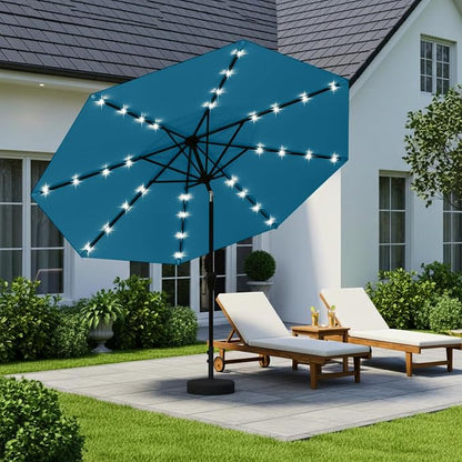 9' Solar LED Patio Umbrella with Tilt & Crank|8 Sturdy Ribs,UV Protection,Outdoor Market Table Umbrella for Deck,Lawn,Pool,Backyard(Lake Blue)