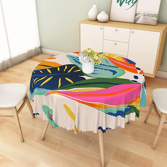 Multicolour Leaf Tablecloth 70x70 Inch Round Abstract Boho Style Floral Circle Tablecloths Polyester Vintage for Picnic Party Dinner Artistic Table Cover for Dining BBQ Picnic Coffee Table