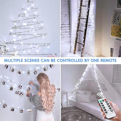 JMEXSUSS 2 Pack White Battery Operated String Lights, Each 33ft 100 LED | Wedding Lights Outdoor Indoor, 8 Modes Christmas Lights with Remote Waterproof for Wedding Front Porch Yard House Room Decor