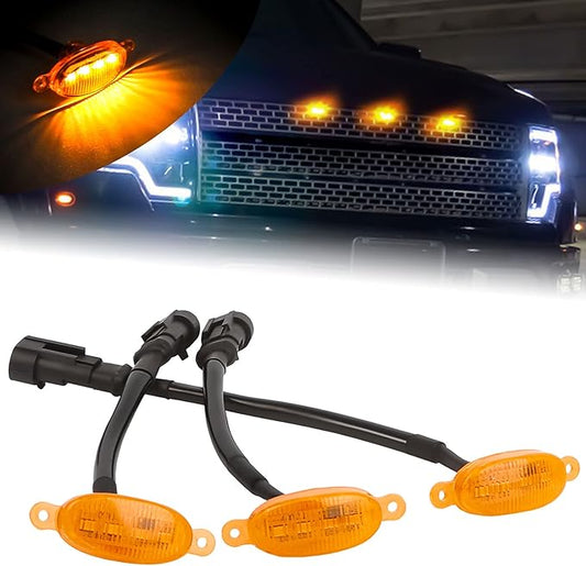 x xotic tech 3pcs Amber Lens Front Grille Marker LED Light Lamps w/Harness Wiring OE Fit Compatible with Ford F-150 F150 Raptor 2010-2014 & 2017-up(Amber 12-SMD)