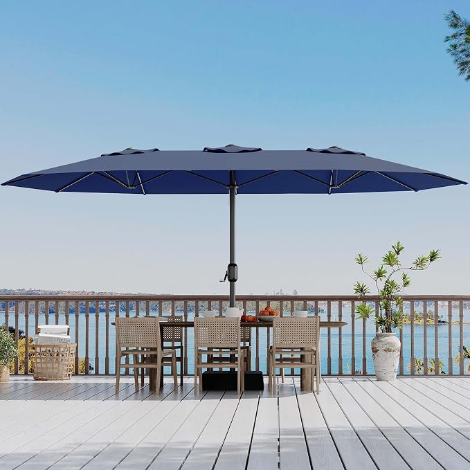 Garvee 15 ft Rectangular Patio Umbrella with Base Included - Large Patio Umbrella with Crank Handle, UV Protection for Outdoor Market, Backyard, Pool - Navy Blue | Rectangular Large Patio Umbrella with Crank Handle 48 LED Lights, UV Protection for Outd...