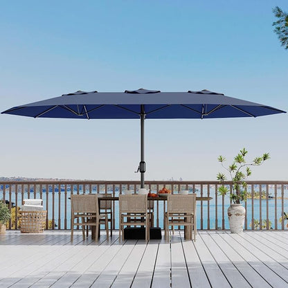 Garvee 15 ft Rectangular Patio Umbrella with Base Included - Large Patio Umbrella with Crank Handle, UV Protection for Outdoor Market, Backyard, Pool - Navy Blue | Rectangular Large Patio Umbrella with Crank Handle 48 LED Lights, UV Protection for Outd...