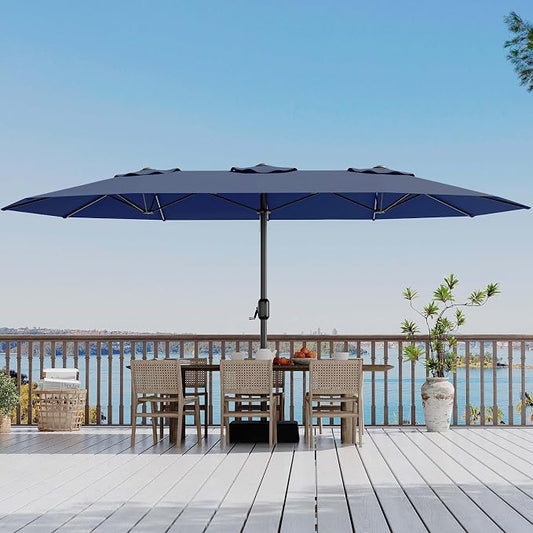 Garvee 15 ft Rectangular Patio Umbrella with Base Included - Large Patio Umbrella with Crank Handle, UV Protection for Outdoor Market, Backyard, Pool - Navy Blue | Rectangular Large Patio Umbrella with Crank Handle 48 LED Lights, UV Protection for Outd...