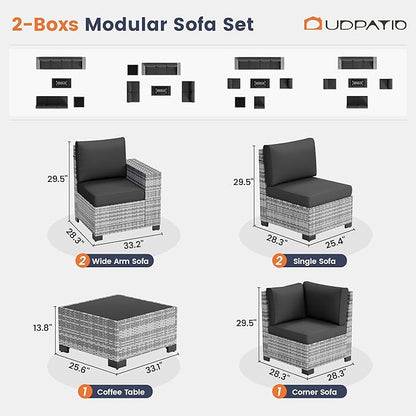 UDPATIO Patio Furniture Set, 8 Inch Armrest Patio Sectional Furniture, 6 Piece Wicker Outdoor Sectional Conversation Sets with Waterproof Cover and Coffee Table for Backyard Deck(Grey/Black)