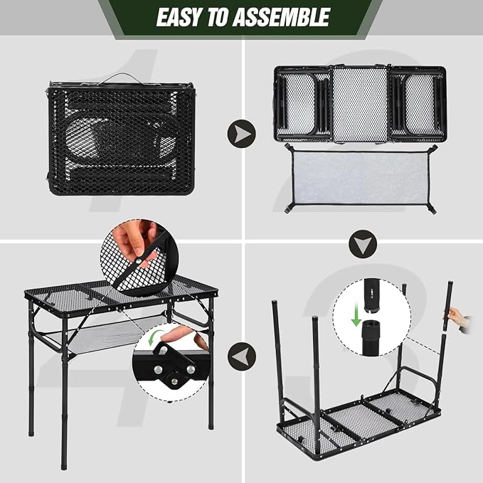 REDCAMP Small Triple fold Folding Grill Table for Outside, 3 Heights Adjustable Lightweight Portable Metal Frame Outdoor Table for Camping Picnic Cooking BBQ, Black, 34x16 inches