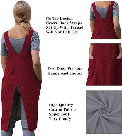 TBA Cotton Linen Apron Cross Back Apron for Women with Big Pockets Square Pinafore Dress for Baking Cooking BBQ & Grill