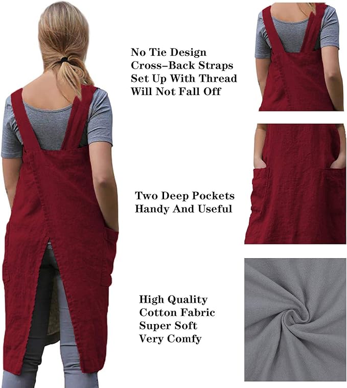TBA Cotton Linen Apron Cross Back Apron for Women with Big Pockets Square Pinafore Dress for Baking Cooking BBQ & Grill
