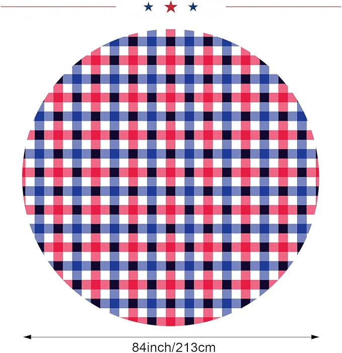 6 Pcs 4th of July Disposable Checkered Tablecloth Round Red White Blue Plastic Buffalo Plaid Independence Table Cloth 84'' Gingham Tablecover for Patriotic Picnic Camping BBQ Graduation Party