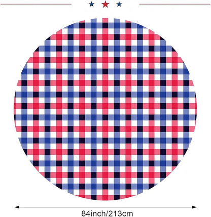 6 Pcs 4th of July Disposable Checkered Tablecloth Round Red White Blue Plastic Buffalo Plaid Independence Table Cloth 84'' Gingham Tablecover for Patriotic Picnic Camping BBQ Graduation Party
