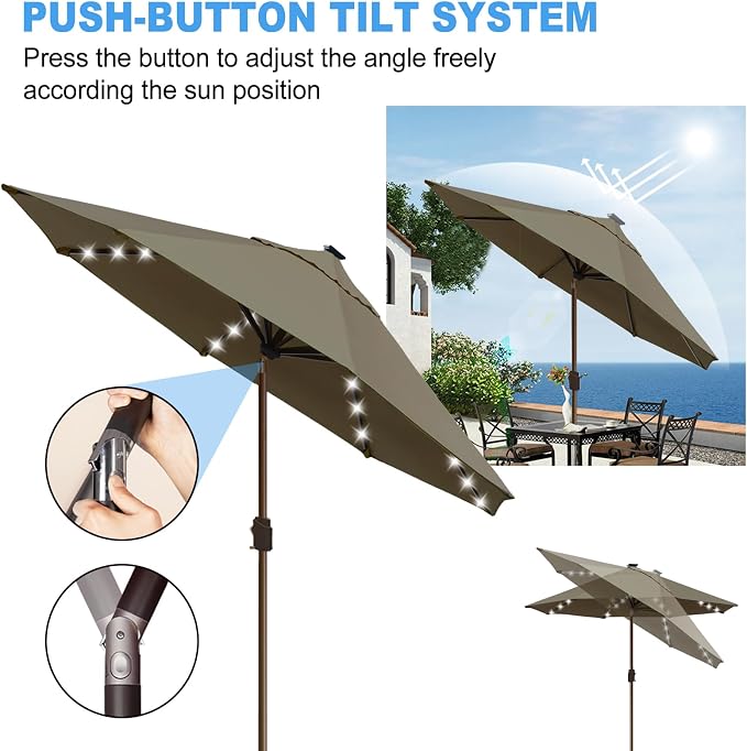 Eurmax USA 10-Year-Non-Fading 10FT Outdoor Patio Market Umbrella with LED Lights,UPF50+ UV Resistant,Heavy Duty Commercial Grade,Crank Lift&Tilt,Windproof Vented Top for Garden,Pool,Deck,Taupe