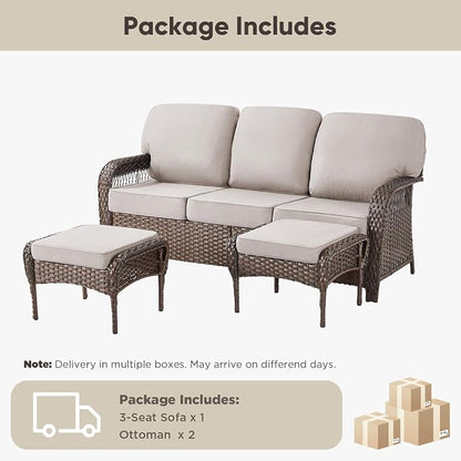 Belord Luxury Outdoor High Back Couch with Ottoman, All-Weather Wicker 3-Seater Sofa, 3 Piece Patio Conversation Furniture Set,Beige