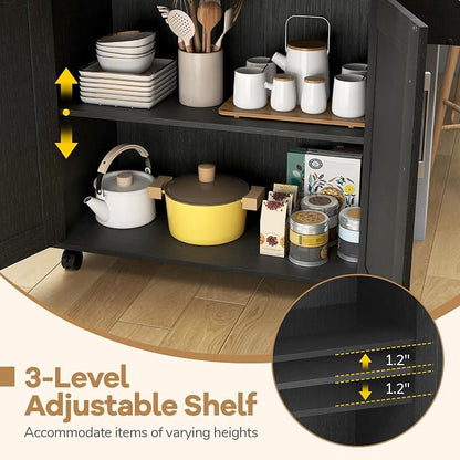 COSTWAY Kitchen Island On Wheels, Rolling Storage Trolley Cart | with Large Cabinet, Drawer, Spice Rack and Towel Rack, Kitchen Serving Utility, 3-Position Adjustable Shelf (Black)