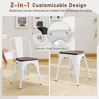 COSTWAY Stackable Metal Dining Chairs Set of 4 with Wood Seat and High Back | White, Industrial Vintage Style, Elm Wood Seat Board, 18 Inch, for Dining Room, Kitchen, Bar, Cafe, Bistro, Restaurant
