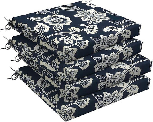 DYTXIII Set of 4 Outdoor Chair Cushions, Water Resistant 18.5"x16"x2" Square Seat Cushion for Patio Dining Chairs, High-Density Replacement Pads for Indoor Outdoor Furniture - Vines Navy