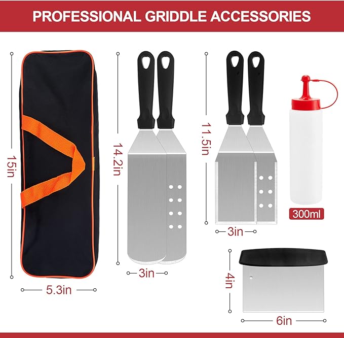 HaSteeL Griddle Accessories Kit of 8, Heavy Duty Metal Spatula Chopper, Professional Stainless Steel Griddle Tools with Storage Bag, Great for Flat Top Teppanyaki Cast Iron BBQ Grilling Indoor Outdoor