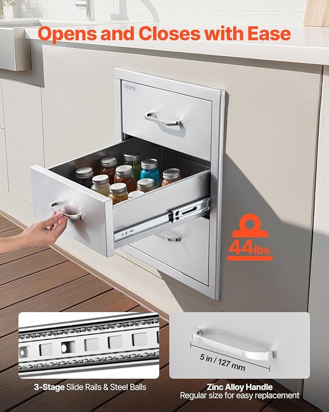 VEVOR Outdoor Kitchen Cabinets 18.11"W x 23.23"D x 23.23"H, Triple-Access Stainless Steel BBQ Drawers with Handles, BBQ Island Drawer for Outdoor Kitchens, Barbeque Island Patio Grill Station