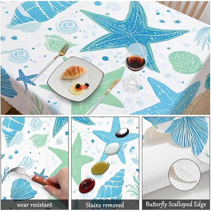 Swono Seashells Blue Rectangular Tablecloth Summer Ocean Shellfish Starfish Washable Table Cloth Kitchen Dining Room Table Cover for Party Dinner 50x72 Inch Tablecloths