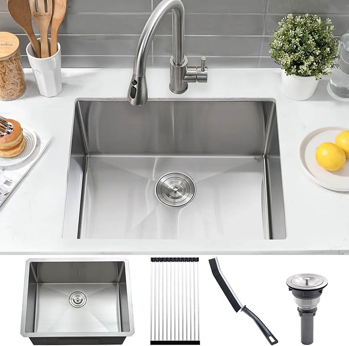 24 Inch Undermount Laundry Sink,Jshozzy 24"x19"x12" Laundry Utility Sink Stainless Steel Outdoor 16 Gauge Deep Single Bowl Kitchen Sinks with Cleaning Brush