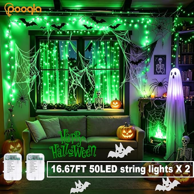 Pooqla 2 Pack String Lights Battery Operated, Total 33.3ft 100 LED Fairy Lights Indoor Outdoor Decorations, 8 Modes Green Battery Christmas Lights for Bedroom Classroom Party Yard Halloween Decor