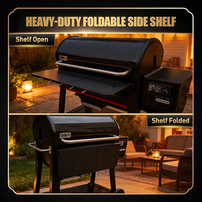 QuliMetal Folding Front Shelf for Weber Searwood XL 600, 35" x 12.5" Grill Prep Table with Stainless Steel Basin, Cutting Board, Lid and 5 Hooks, Heavy-Duty Front Grill Table Accessory