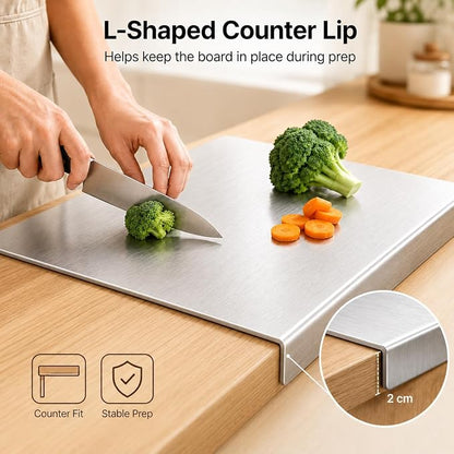 3-Piece Stainless Steel Cutting Board Set, L-Shape Lip for Dough & Meat | 3 stainless steel boards with L-shaped lip, brushed surface, 3 sizes for meat, veggies, dough & dishwasher cleanup.