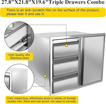 Outdoor Kitchen Drawer Combo, Stainless Steel Sealed Storage Combo with Triple Drawers, Outdoor Kitchen for BBQ Island, Grilling Station, Outside Cabinet (27.8" W x 21.8"D x 19.6" H)（Left Drawer）