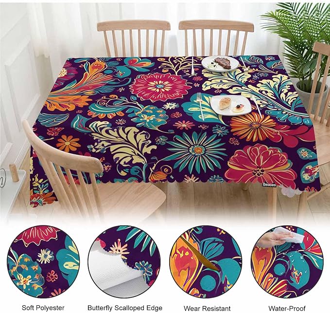 Rectangle Tablecloth Paisley Floral,Colorful Geometric Paisley Flowers BBQ Table Cloth Coffee Table Cover 52x70 Inch Tablecloths for Home Canteen Dining Kitchen Outdoor